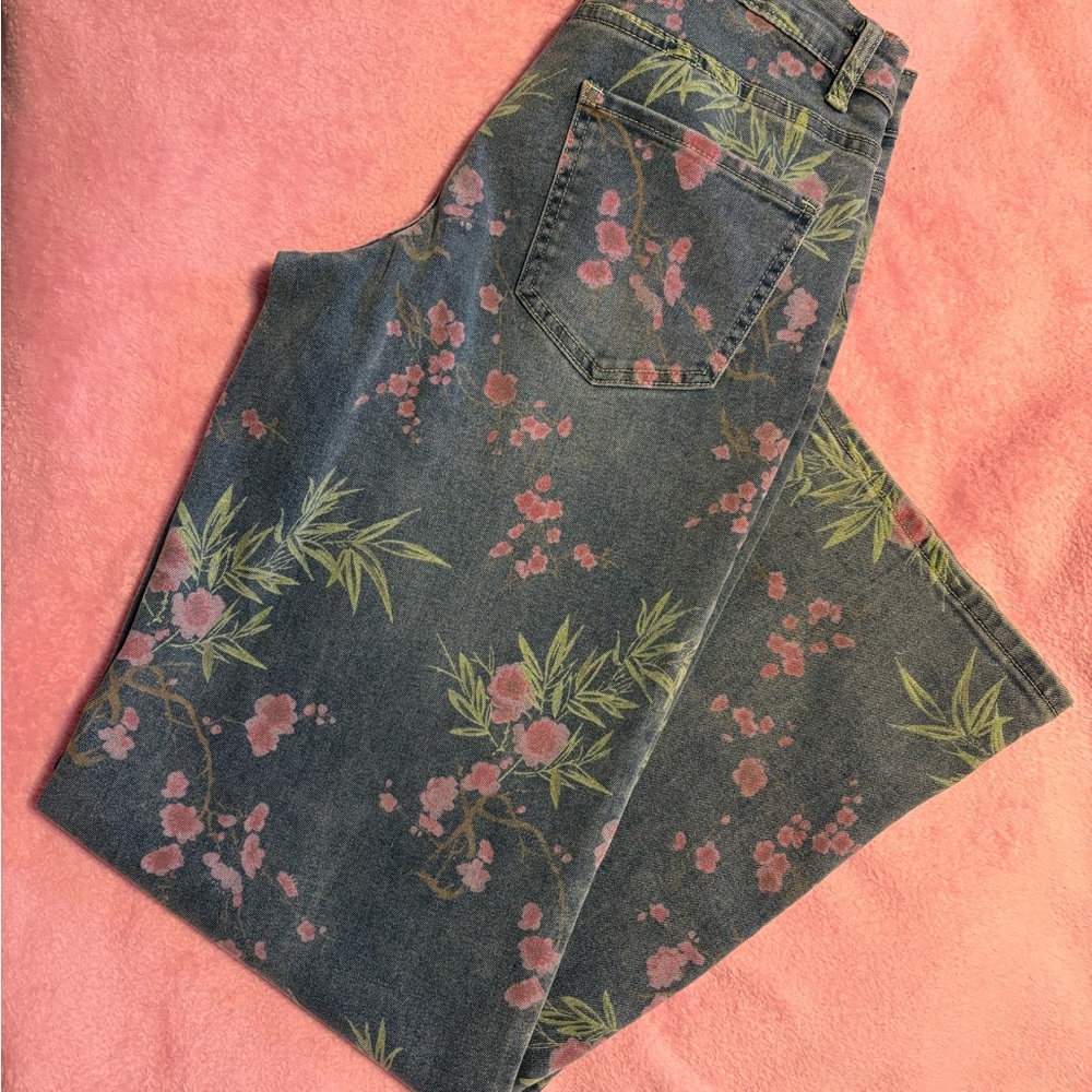Pink and Blue Flare Jeans with Floral Print